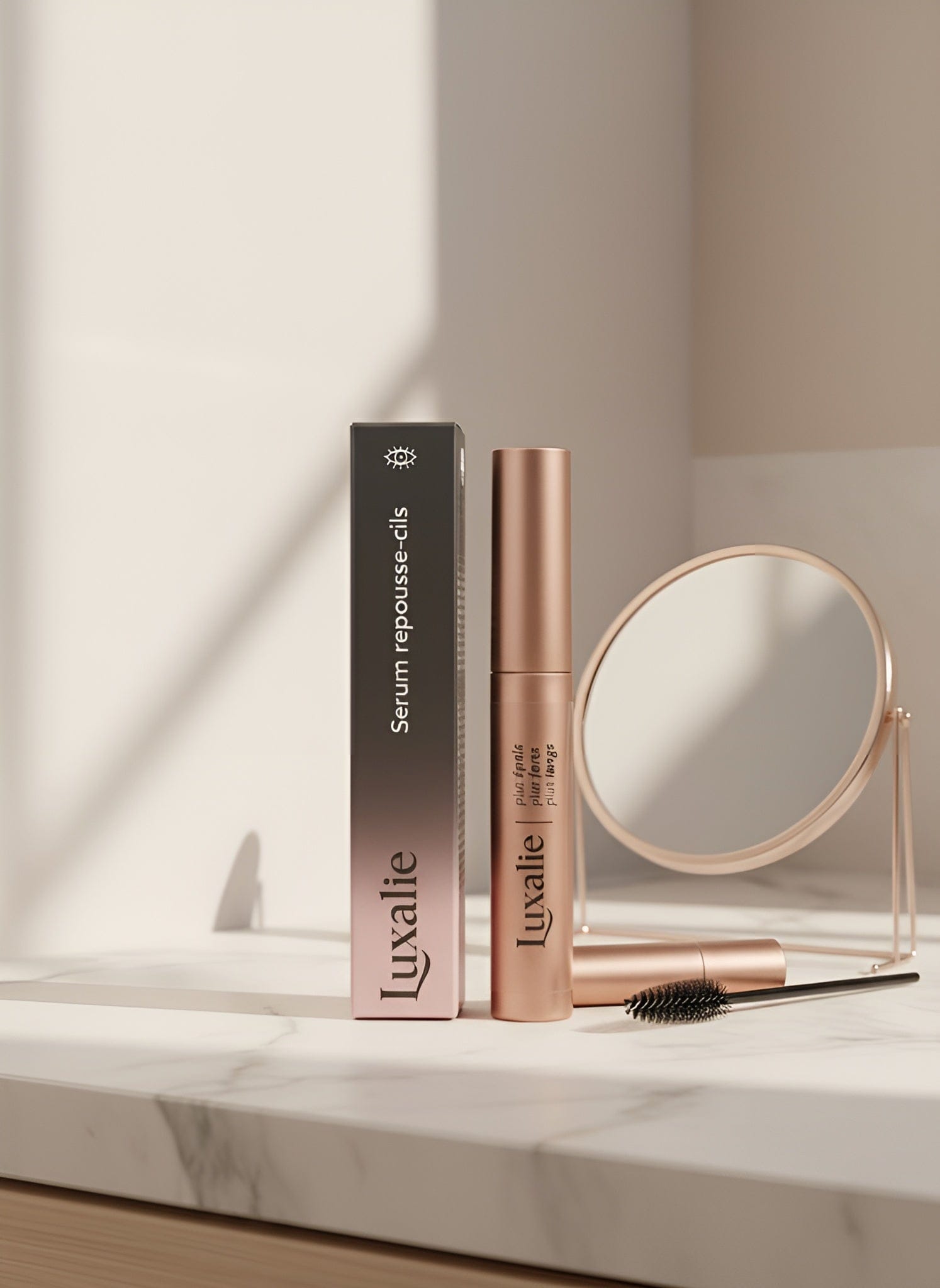 Packaging élégant sérum cils Luxalie - Cosmétique beauté regard naturel